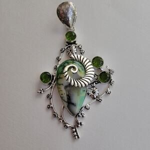 Elegant Green Ammonite and Peridot Pendant Necklace in Sterling Silver